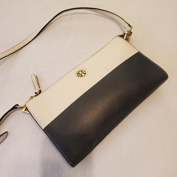 TORY BURCH Perry White Deep Blue Black Colorblock Pebbled Leather Crossbody Bag - Picture 4 of 14